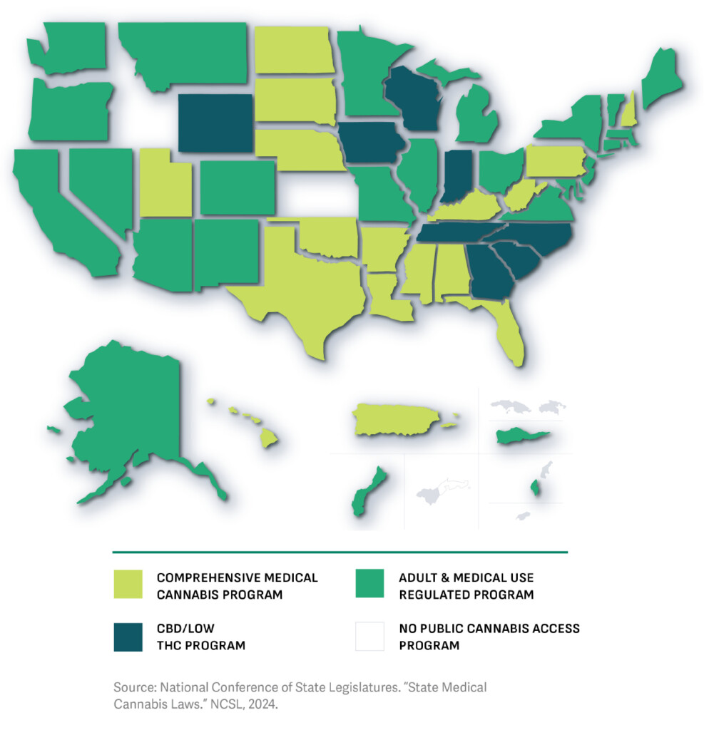United States map showing differing state regulations regarding cannabis